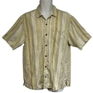 Tommy Bahama 100% Silk Button Up Shirt Striped Short Sleeve Casual Beige Men's L